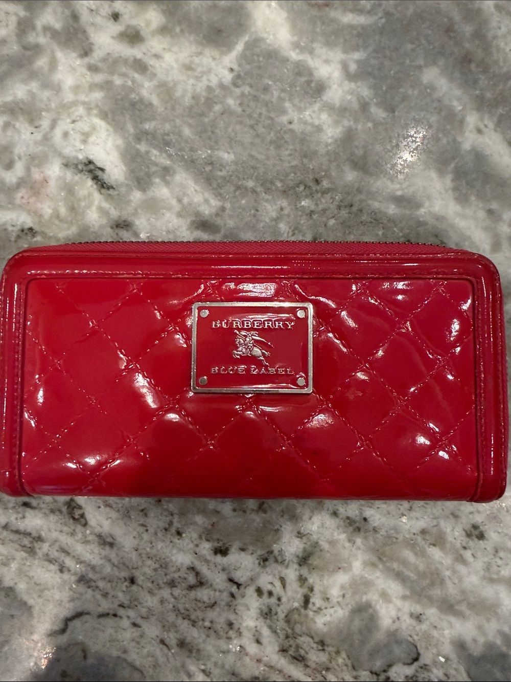 Burberry Red Quilted Patent Zip-Around Wallet with Logo Plaque BLUE LABEL